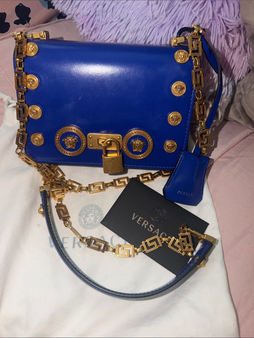 Versace Royal Blue Leather Shoulder Bag with Gold Medusa Accents